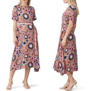 EMILY LOVELOCK Karina Dress Womens 4 Multicolor Geometric A-Line Midi Belted